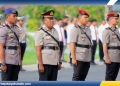 Kapolres Pohuwato Ajun Komisaris Besar Polisi Busroni memimpin upacara serah terima jabatan, di lingkungan Polres Pohuwato, Rabu (24/09/2025).