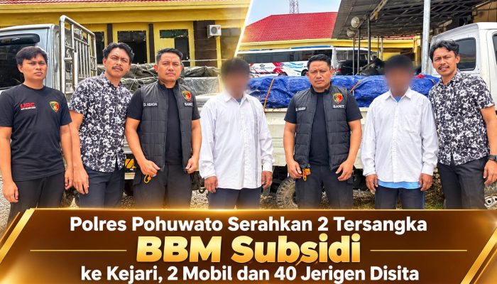 Polres Pohuwato Serahkan 2 Tersangka BBM Subsidi ke Kejari, 2 Mobil dan 40 Jerigen Disita